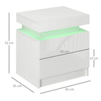 White high-gloss two-drawer bedside table with green LED light under the top