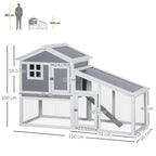 Grey two-tier rabbit hutch illustration with dimensions and slide-in front ramp