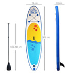 Inflatable SUP paddle board with included paddle, blue and yellow colorway