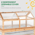 Wood cold frame greenhouse with clear panels and independently open roof sections