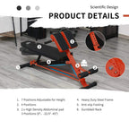 Multifunctional weight bench infographic showing black and red padded setup