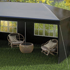 Black party tent gazebo interior close-up with transparent windows and lounge seating