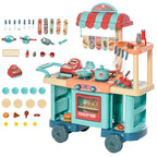 Kids kitchen play trolley cart with fast food counter, red roof, and kitchen accessories