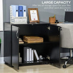 Black two-tier cabinet with top-open interior showing binders and office supplies