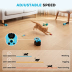 Blue adjustable-speed cat toy with RPM speed scale and walking to fast running modes