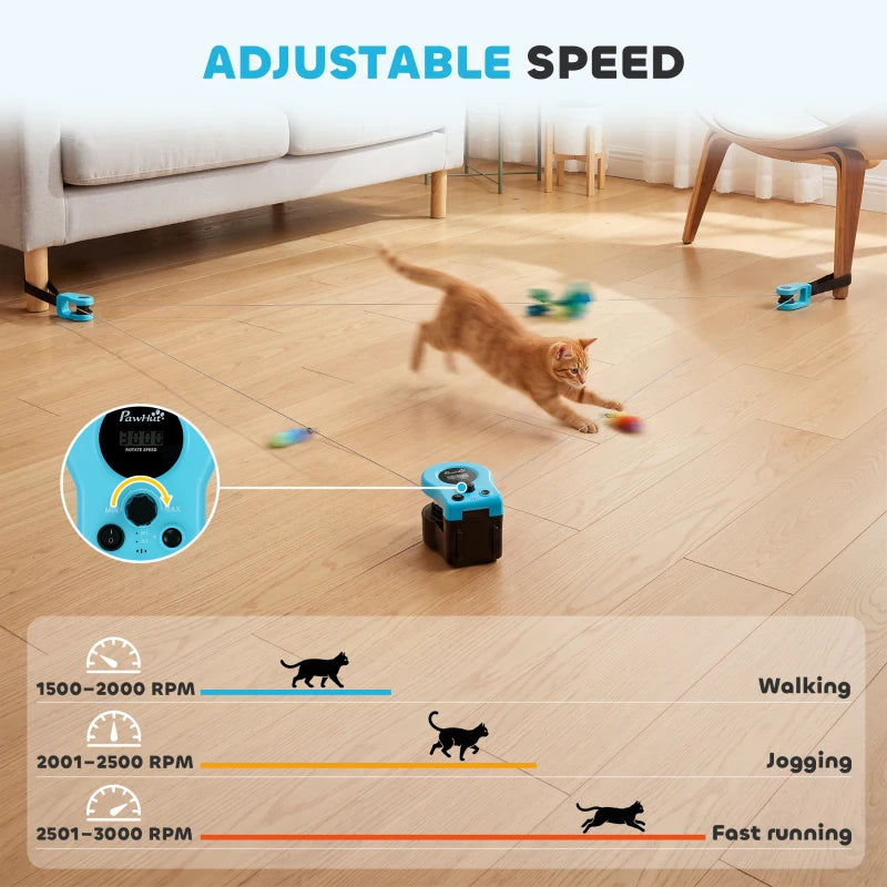Blue adjustable-speed cat toy with RPM speed scale and walking to fast running modes