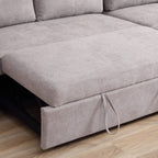 Light grey pull-out sofa bed seat with pull handle on the front edge