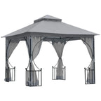 Light grey 3x3m garden gazebo with double-tier canopy and hanging mesh curtains