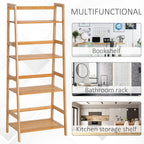 Bamboo ladder shelf with four open shelves and ladder-style side supports, natural wood