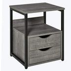 Grey nightstand with two drawers, open shelf, and black metal frame legs