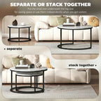 Round nesting tables set: separate or stacked, white marble-effect tops, black frames