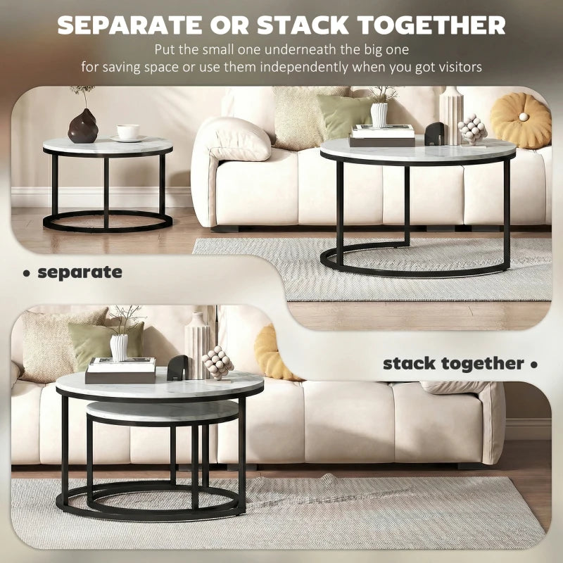 Round nesting tables set: separate or stacked, white marble-effect tops, black frames
