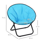 Blue padded moon camping chair with black folding base; seat dimensions marked
