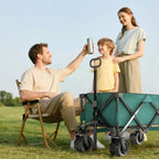 Green folding cargo trolley cart with telescopic handle, large wheels, and zippered cargo bed
