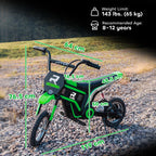 Green electric dirt bike on gravel with front wheel, fork, and handlebar panel visible