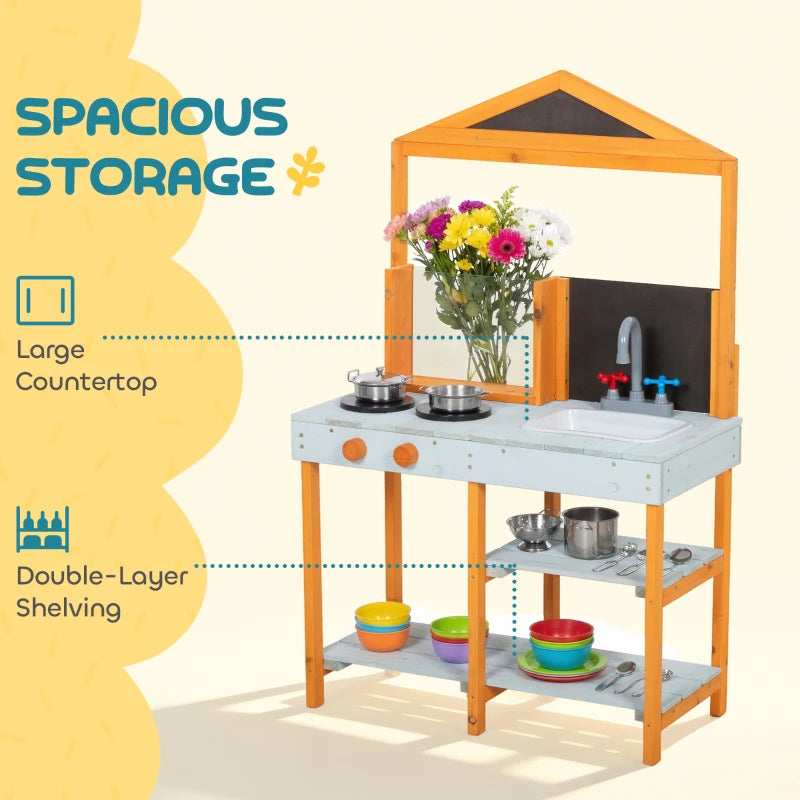 Outdoor wooden play kitchen with double-tier shelving, sink, and stove burners