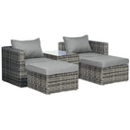 Grey rattan armchair and ottoman set with square seat cushions and back pillows
