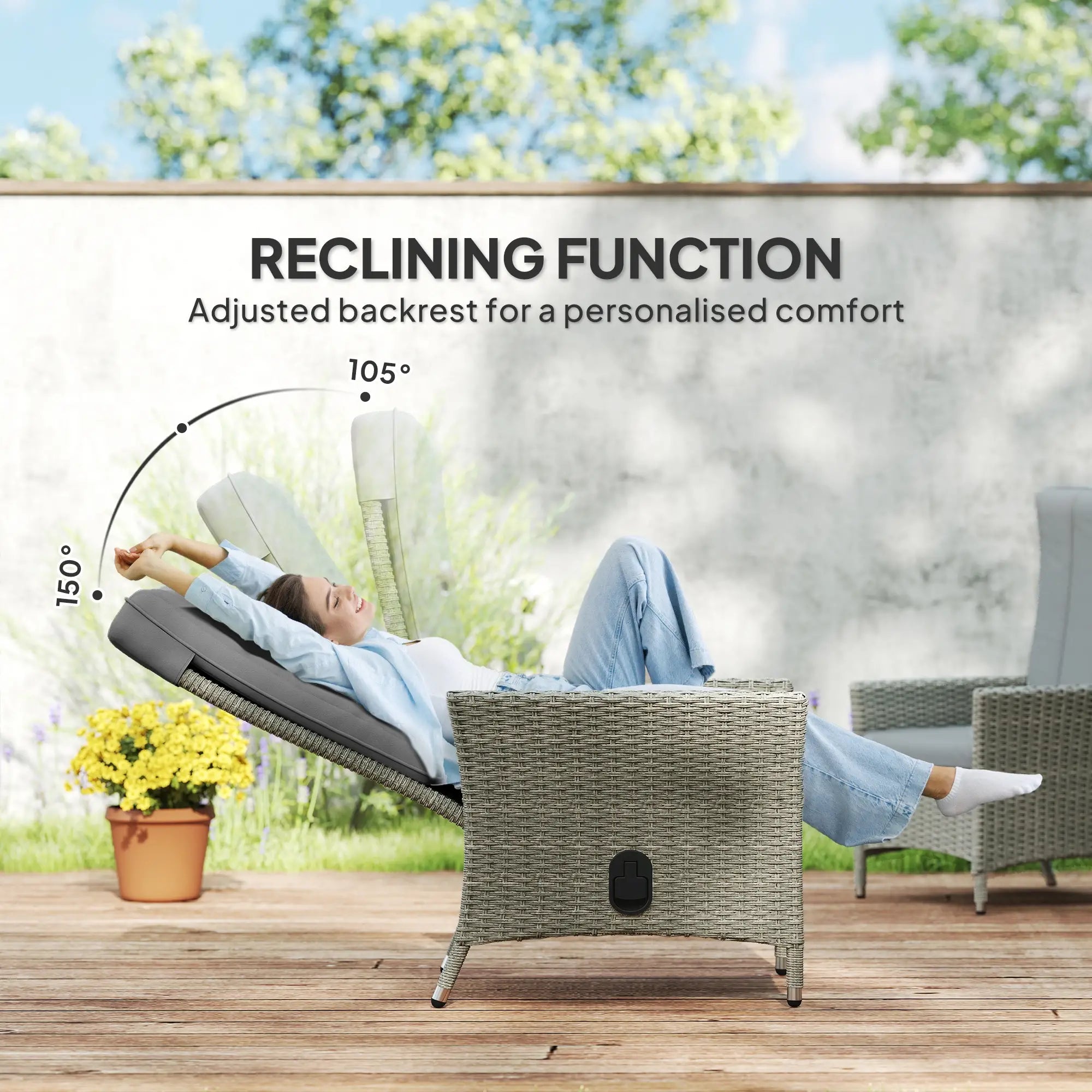 105°-150° Reclining Rattan Chair - Grey