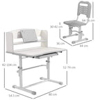 Grey kids study table and chair set with size layout diagram