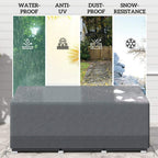 Grey weatherproof patio sofa cover on a sofa set, secured with corner ties