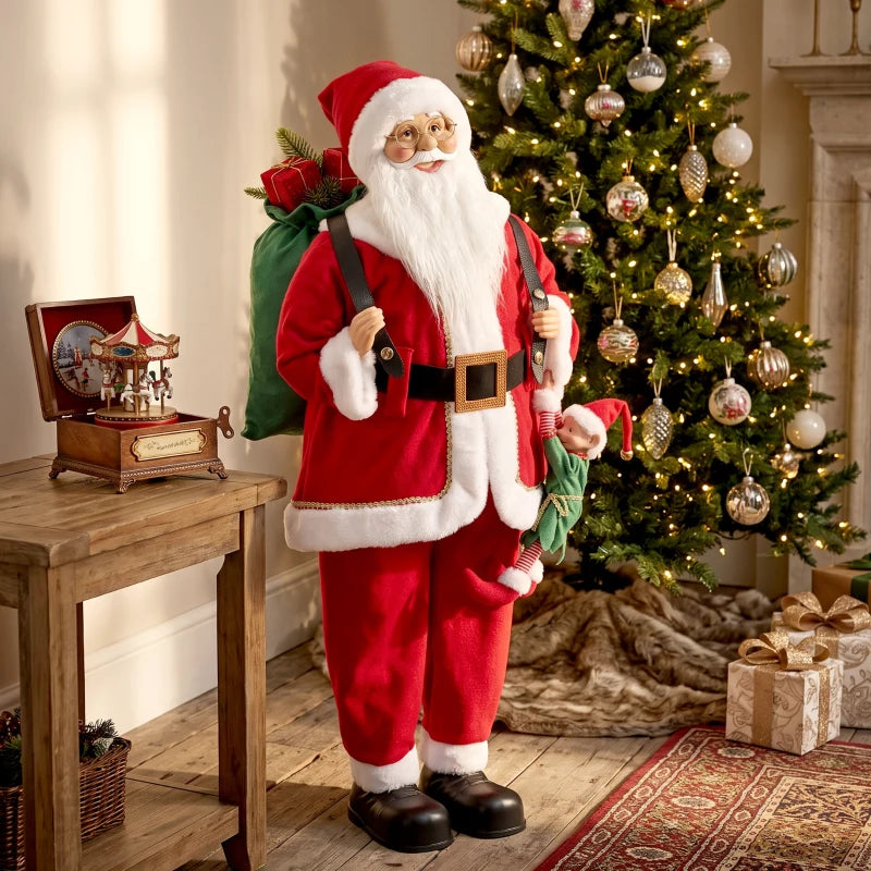 Santa Claus figurine in red suit with white beard and black belt, holding green sack
