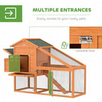 Wooden chicken coop with attached run, lockable door, mesh panels, slanted roof