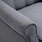 Light gray upholstered recliner armrest with curved padded edge