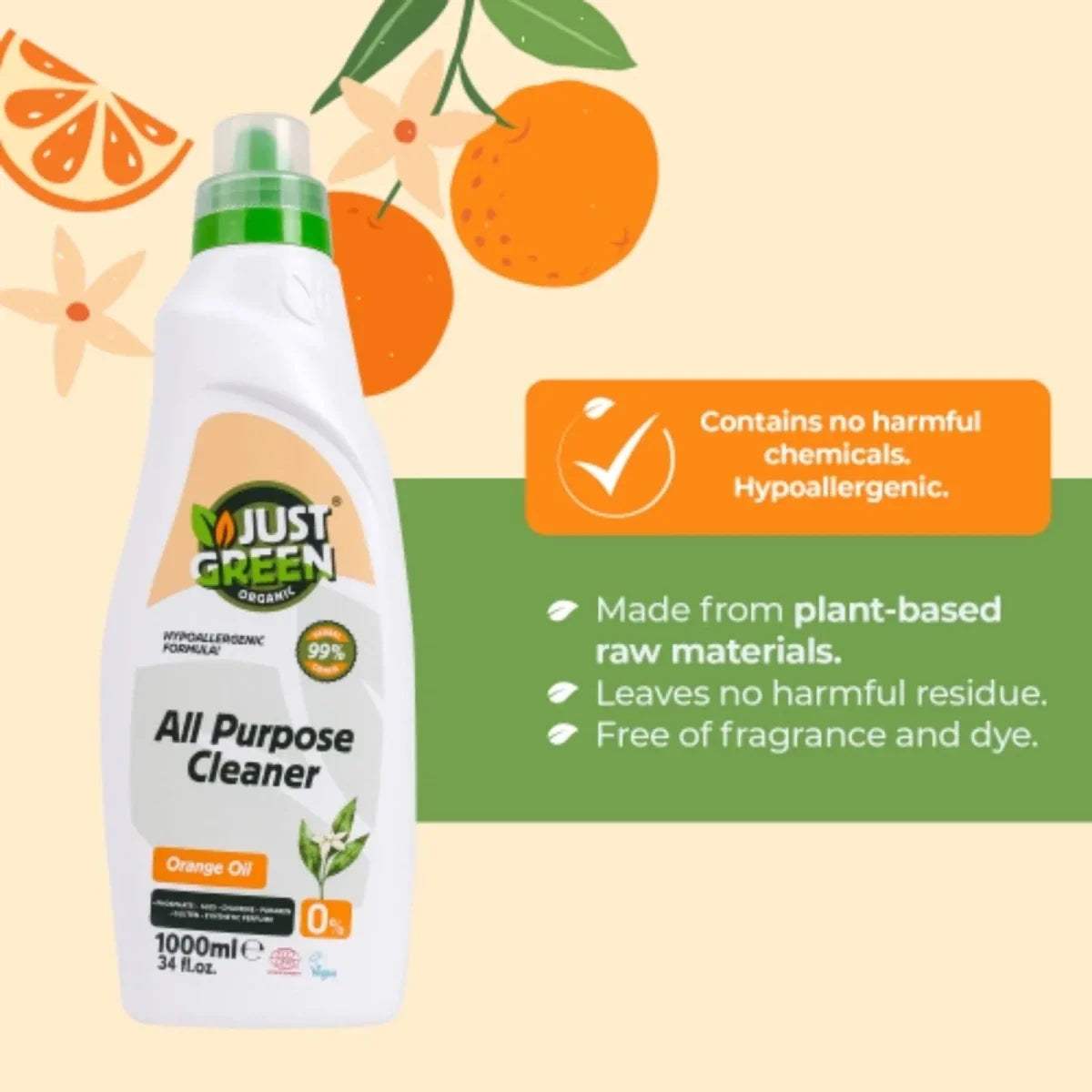 All-purpose cleaner bottle with orange oil scent, hypoallergenic and plant-based icons