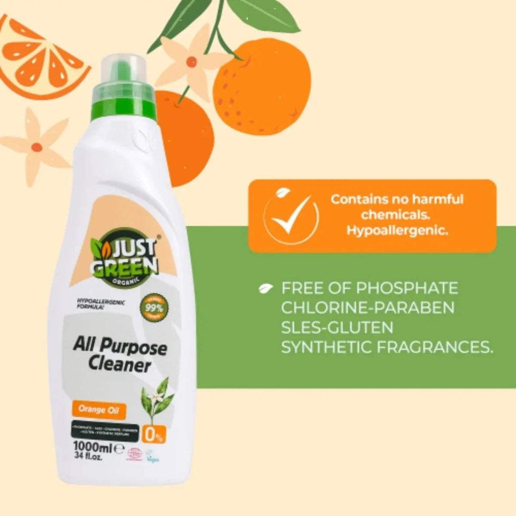 All-purpose cleaner bottle with free-from icons: phosphate, chlorine-paraben, SLES, vegan