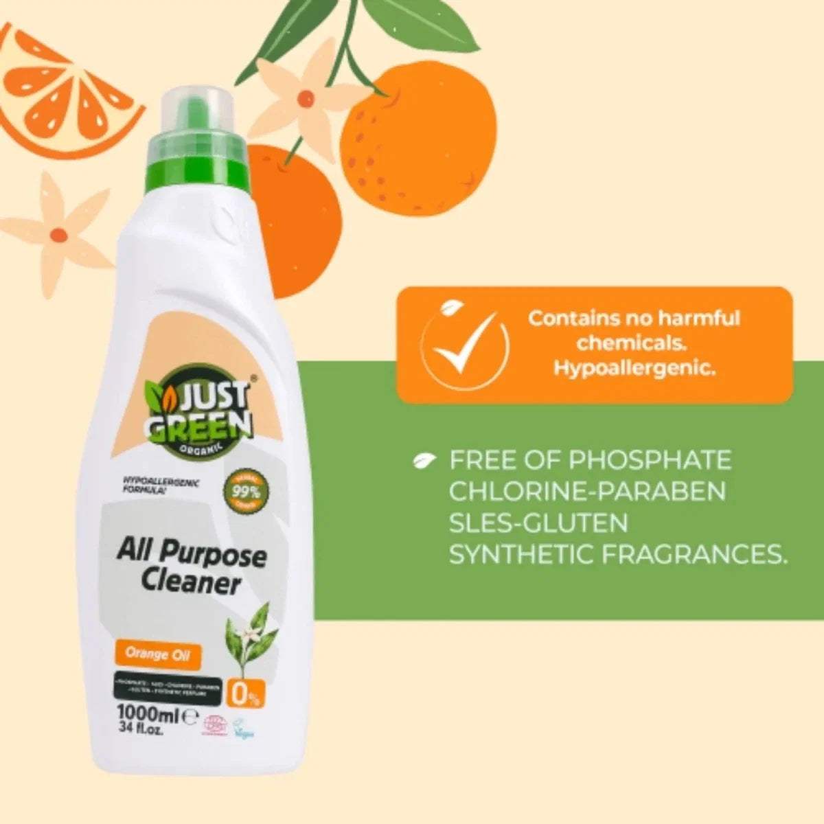 All-purpose cleaner bottle with free-from icons: phosphate, chlorine-paraben, SLES, vegan