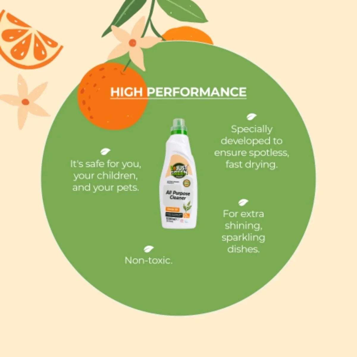 All-purpose cleaner bottle shown with high performance badge for non-toxic, fast-drying shine