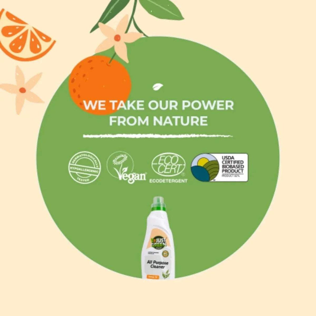 All-purpose cleaner bottle with nature-powered branding and vegan, EcoCert product badge