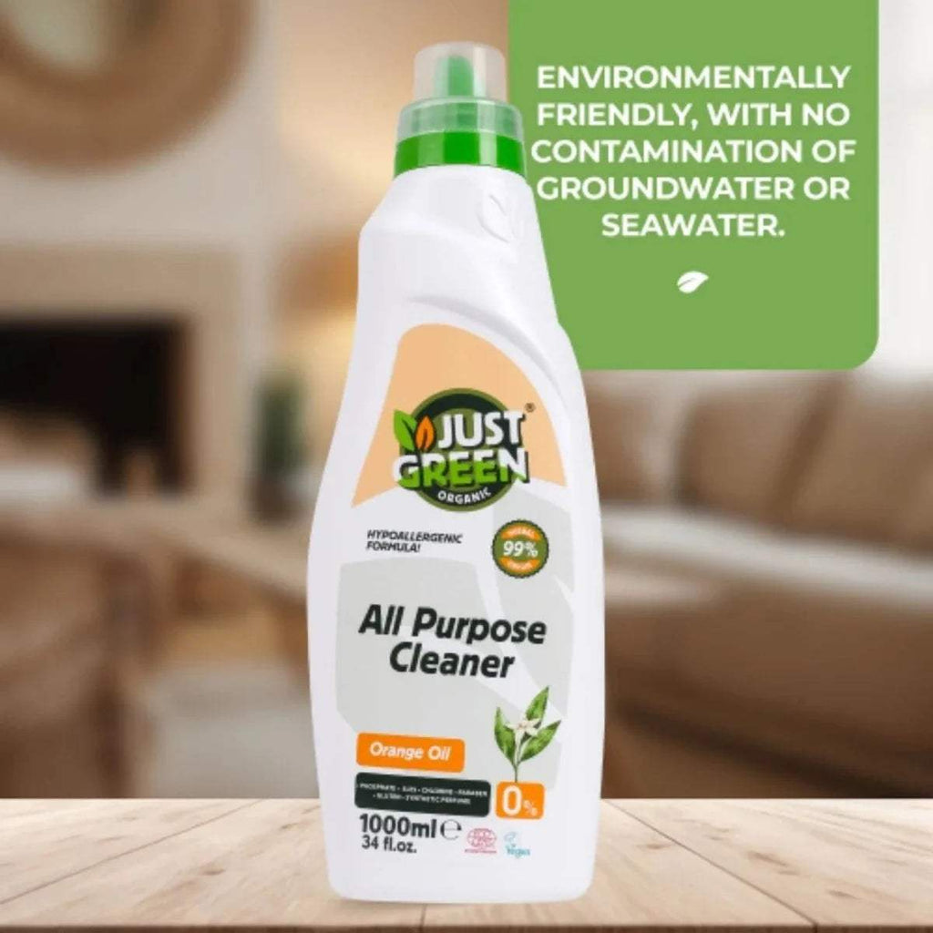 All-purpose cleaner bottle with environmental claim: no groundwater or seawater contamination