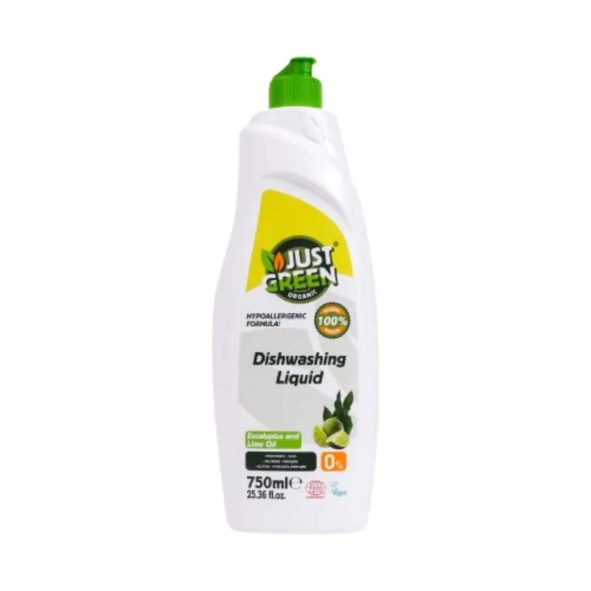 Just Green organic dishwashing liquid bottle, 750 ml, green pump and yellow label