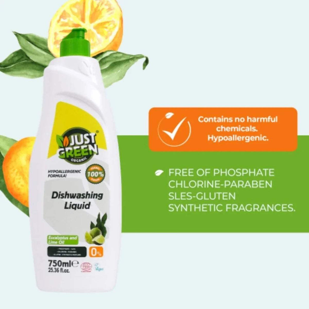 Just Green organic dishwashing liquid bottle with hypoallergenic badge, 750 ml
