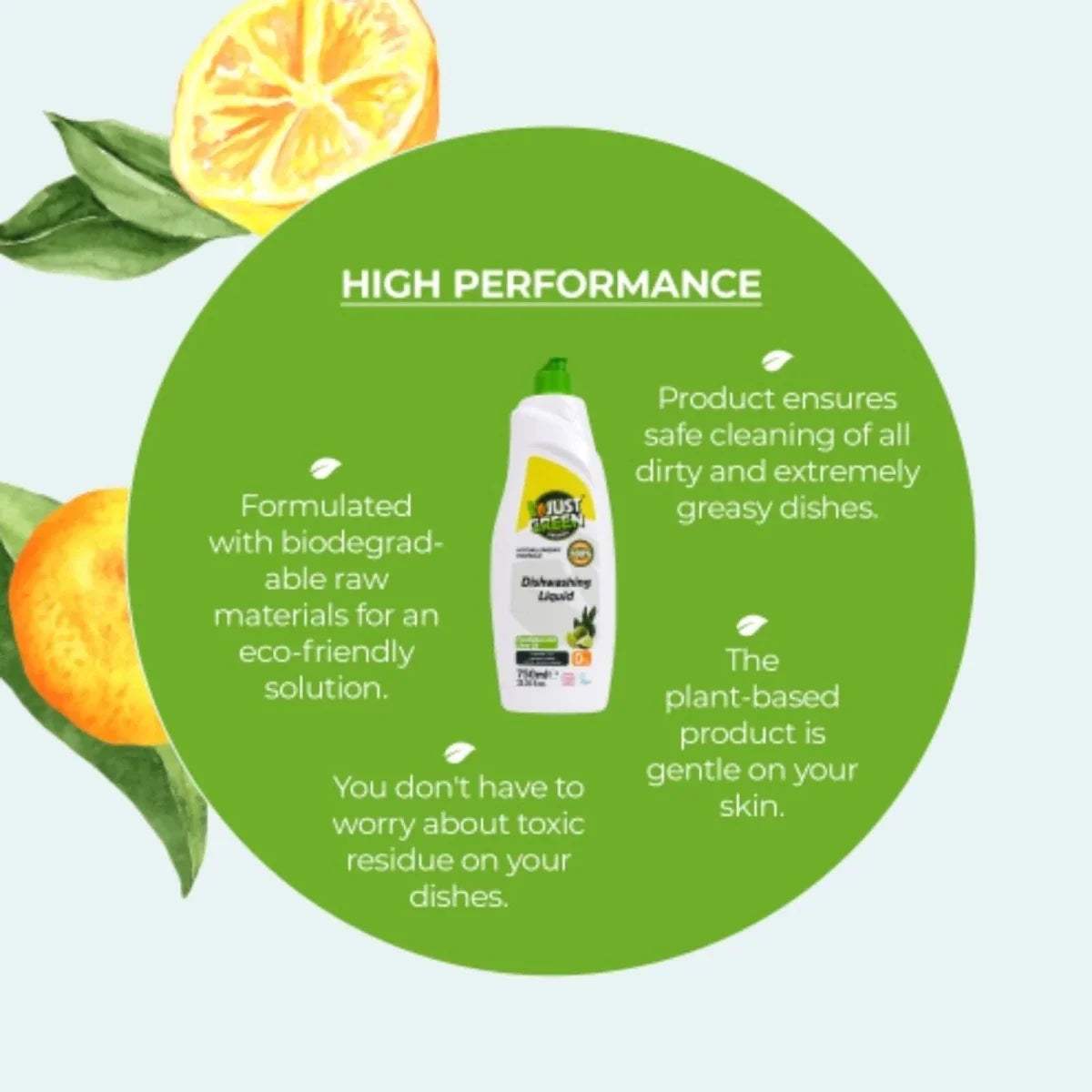Just Green dishwashing liquid bottle with high performance eco cleaning graphic, 750 ml