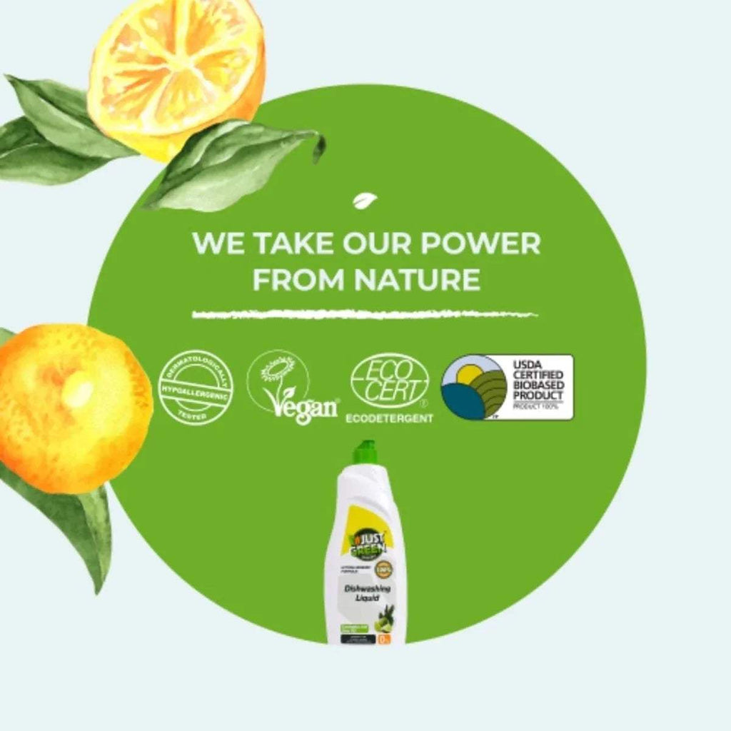 Just Green dishwashing liquid bottle with nature and vegan/eco badges, 750 ml