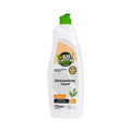 Dishwashing liquid bottle, white with green cap, orange oil label, 750 ml