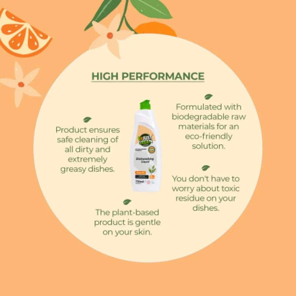 Dishwashing liquid bottle with green cap and front label for orange oil