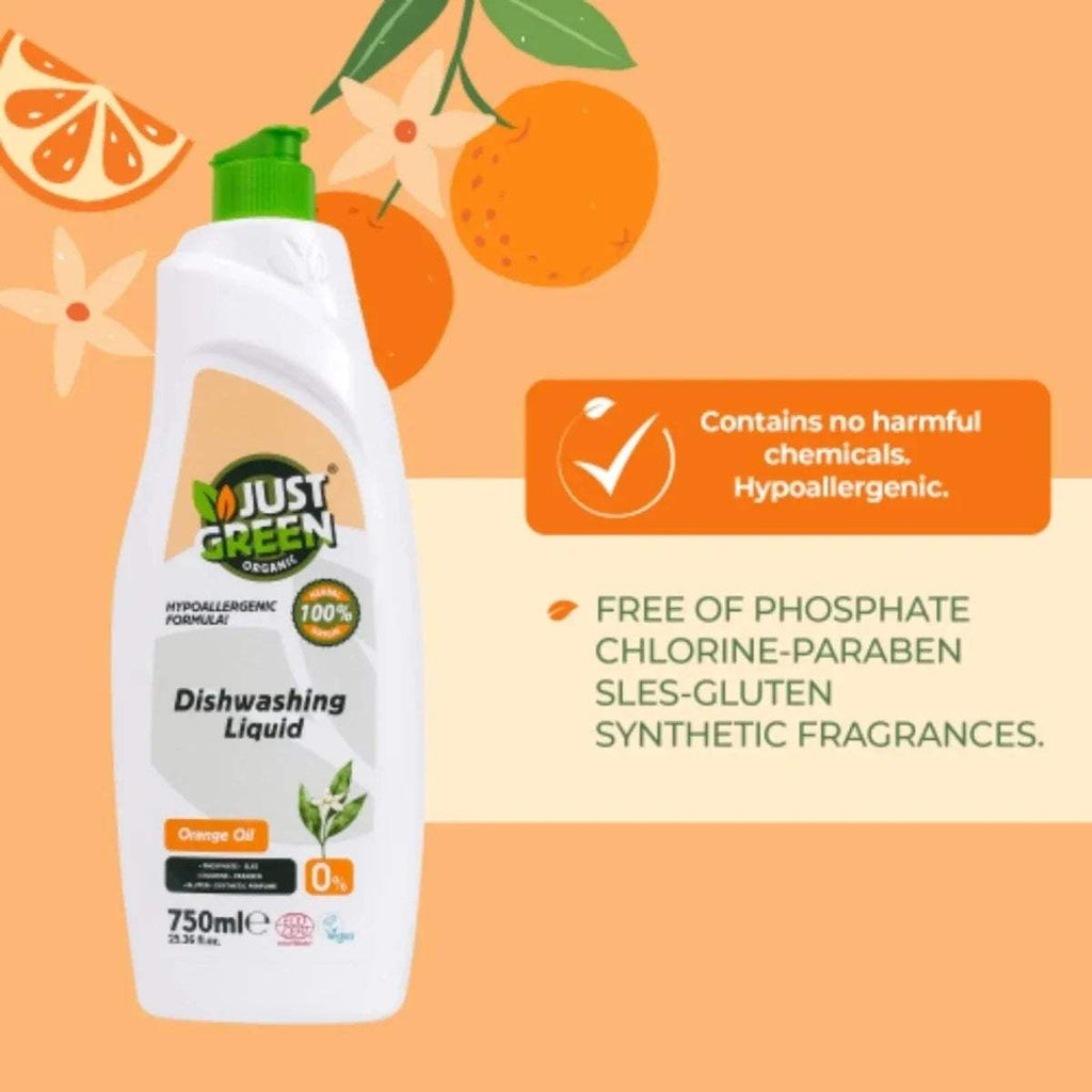 Dishwashing liquid bottle with green cap, orange oil label, and front product badge