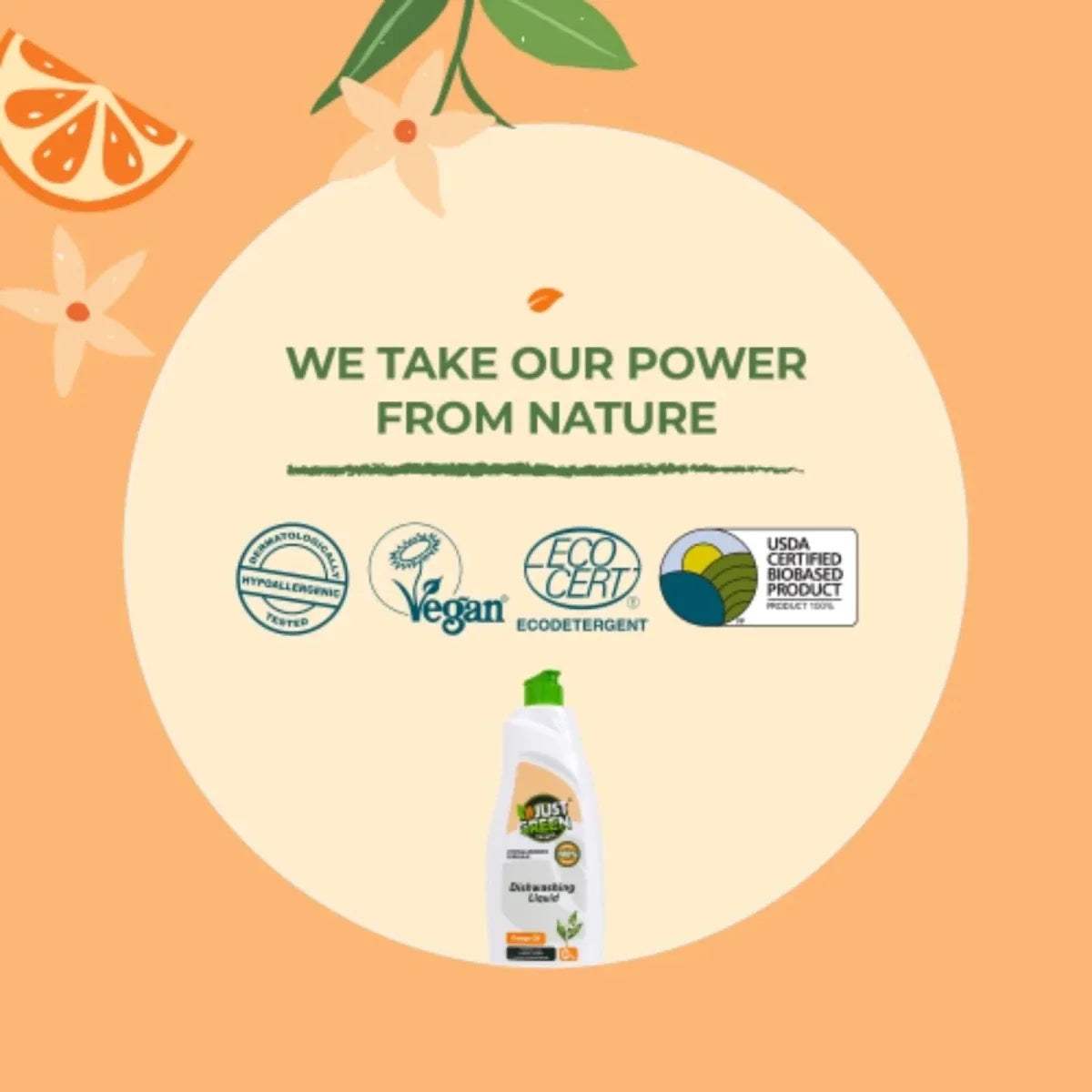 Dishwashing liquid bottle centered on eco-themed graphic with certification icons