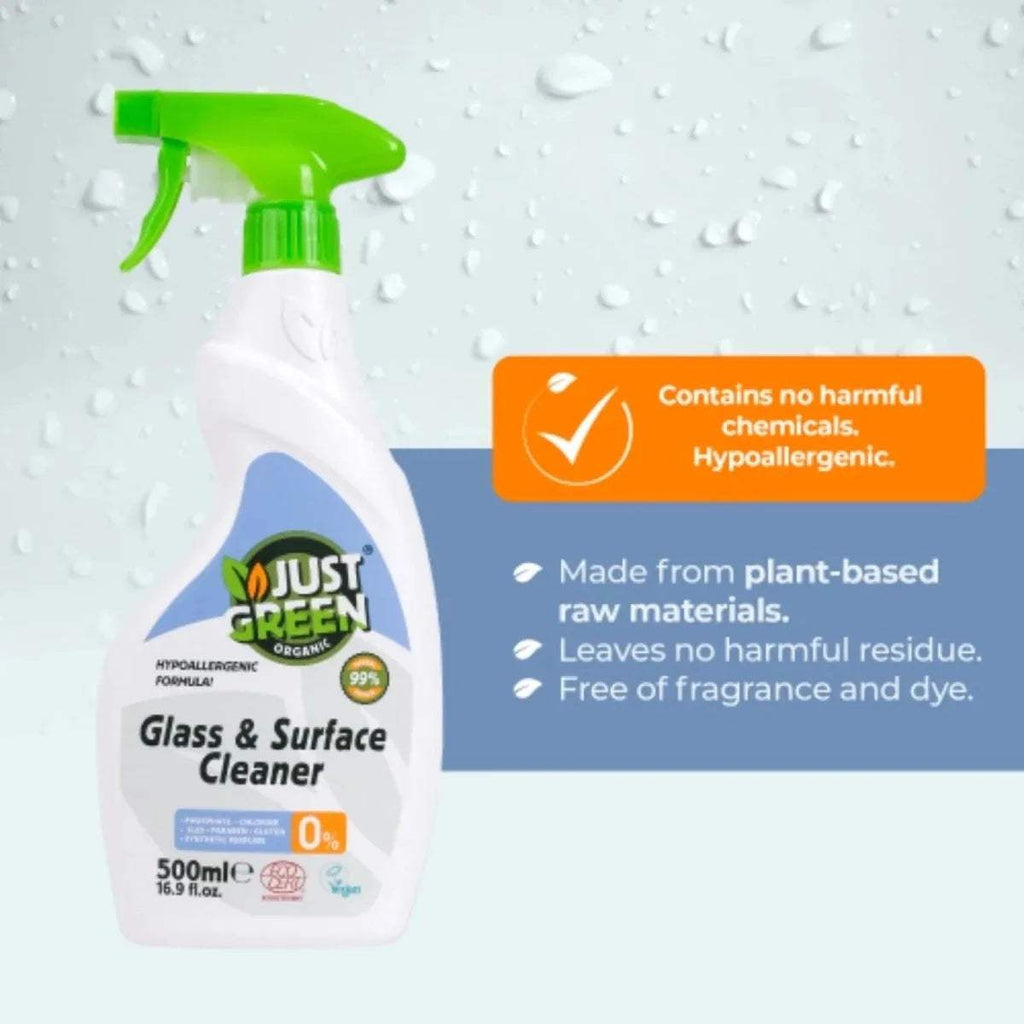 Just Green Glass & Surface Cleaner bottle with green trigger sprayer, hypoallergenic