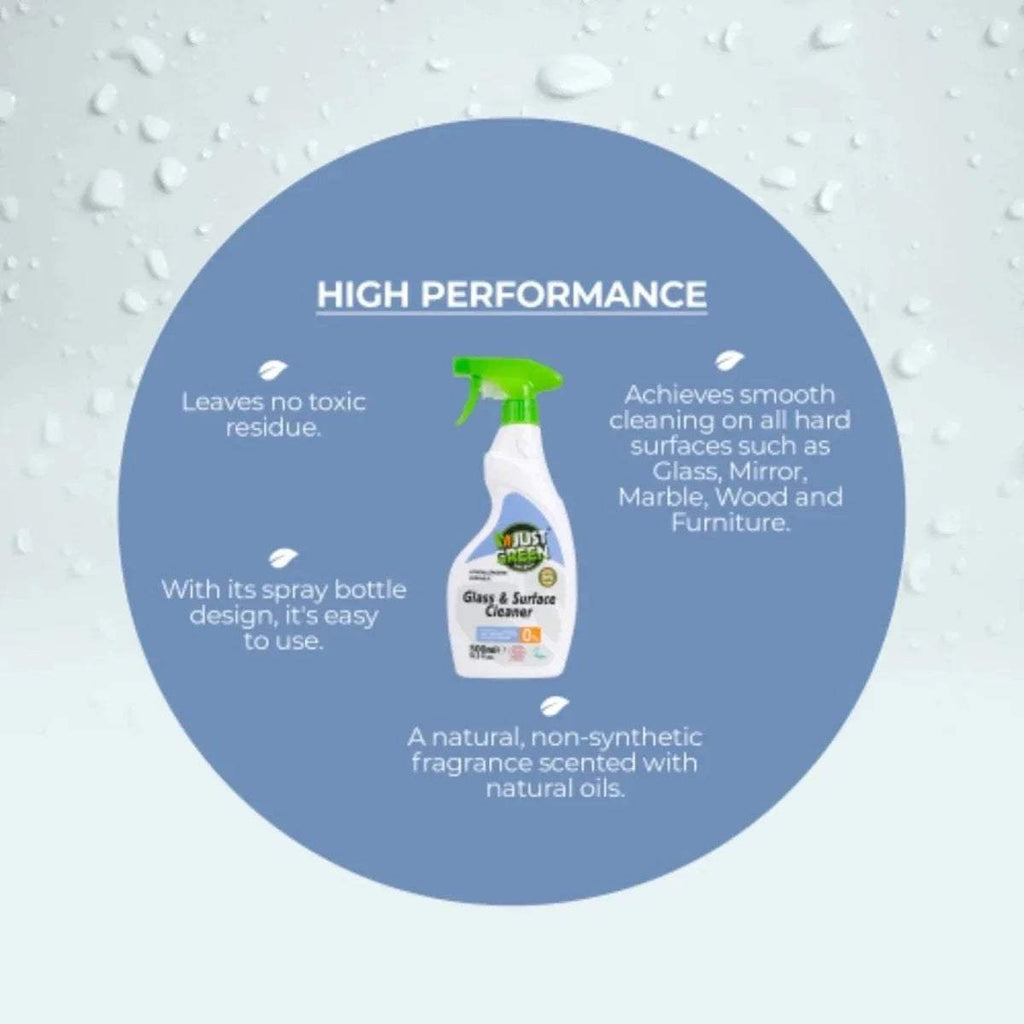 Just Green Glass & Surface Cleaner bottle with green trigger sprayer, leaves no residue
