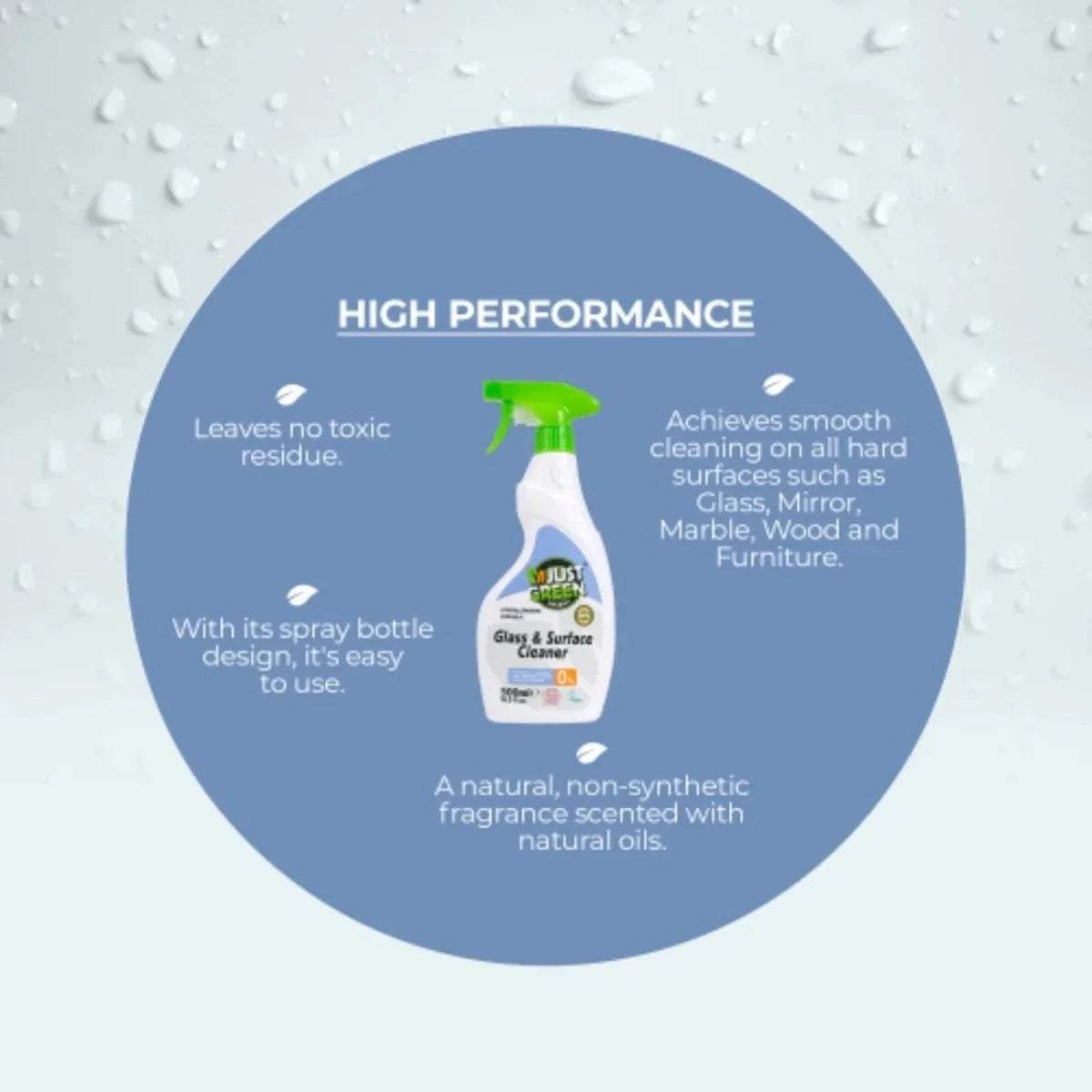 Just Green Glass & Surface Cleaner bottle with green trigger sprayer, leaves no residue
