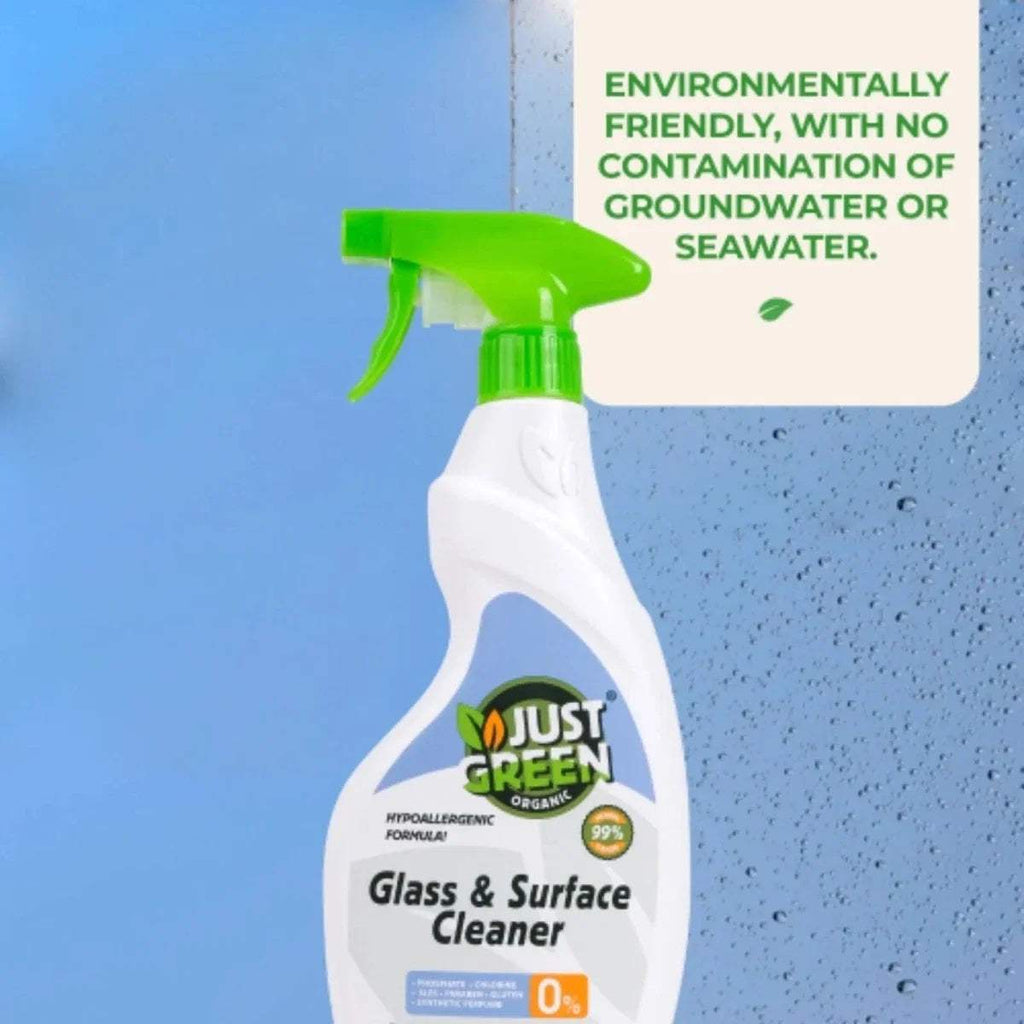 Just Green Glass & Surface Cleaner bottle with green trigger sprayer, environmentally friendly