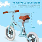 Light blue kids balance bike with adjustable seat height, orange grips, and white EVA wheels