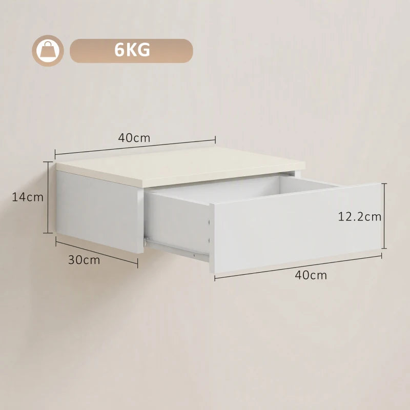 White wall-mounted nightstand with open drawer and storage compartment, flat top
