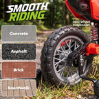 Rear wheel and suspension of a red kids electric motorbike with off-road tires