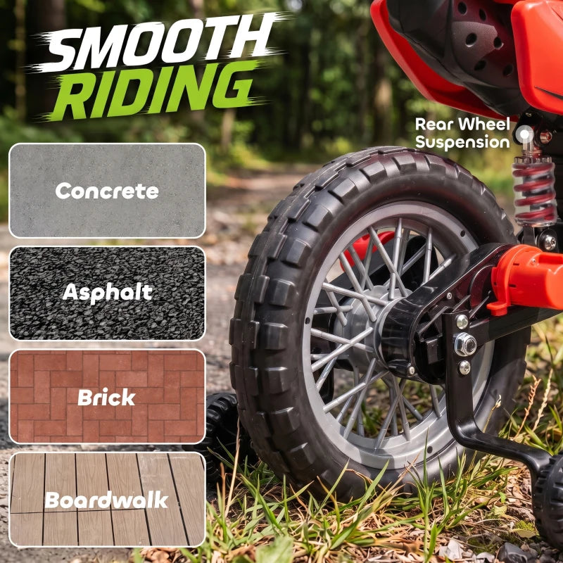 Rear wheel and suspension of a red kids electric motorbike with off-road tires