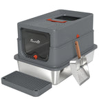 Dark grey enclosed cat litter tray with lid, front door, step and metal scoop